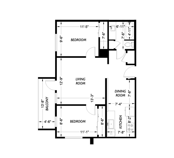 Two bedroom, one bath floor plan diagram