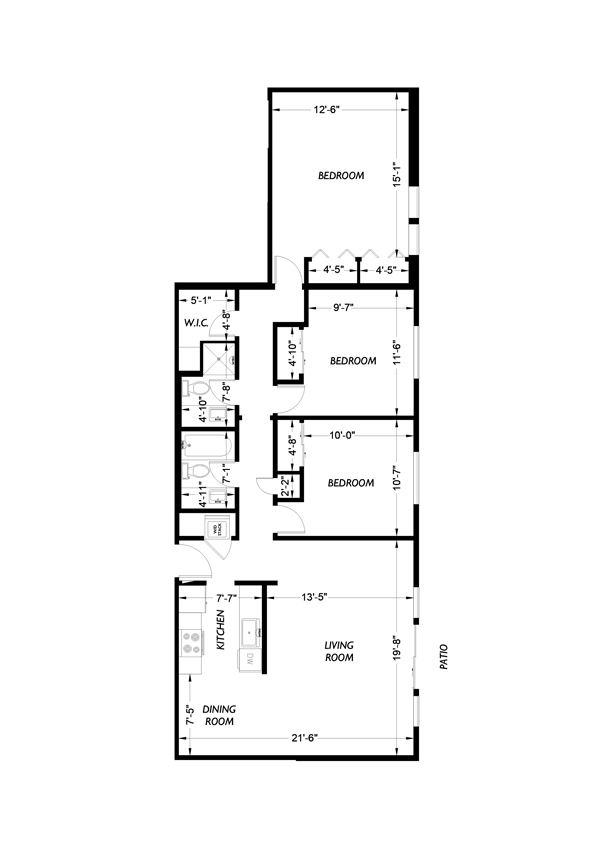 Three bedroom, Two bath floor plan diagram