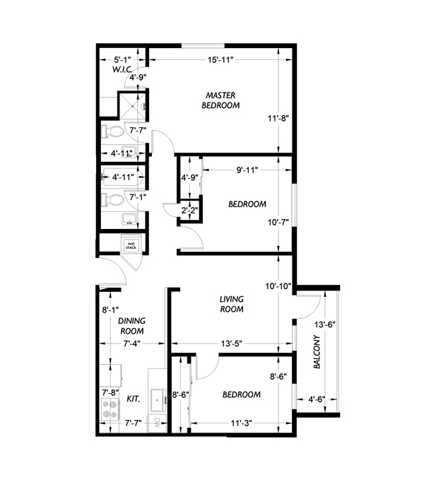 Three bedroom, Two bath floor plan diagram